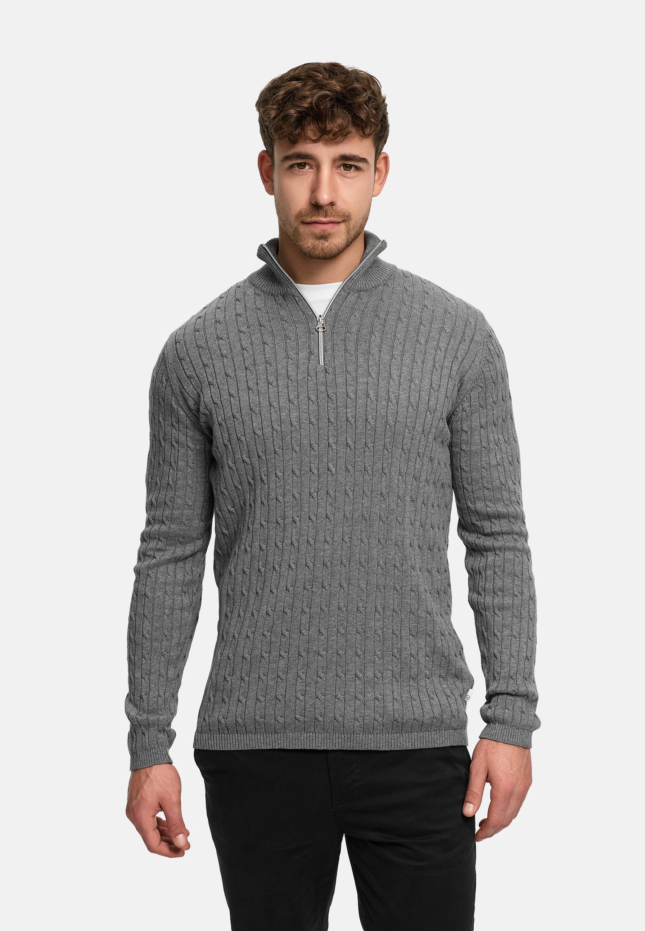 Strickpullover KSCable Half-Zip Lt Grey Mix